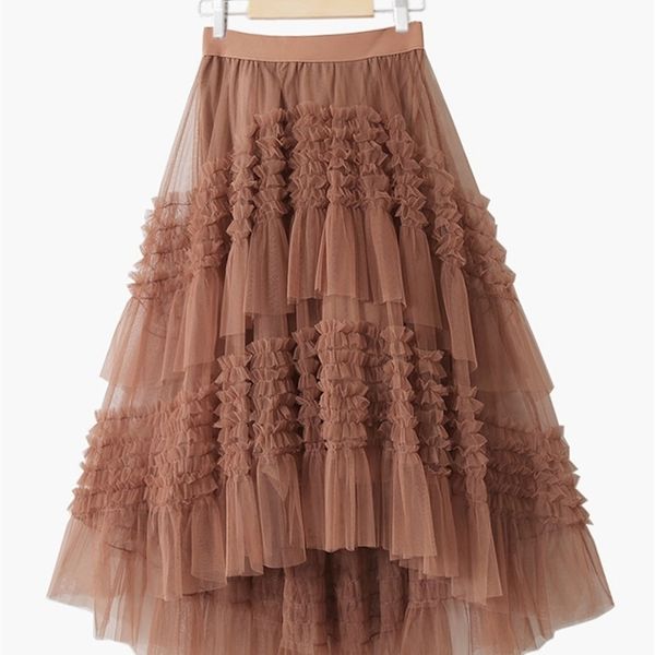 

tigena 3 layers tiered tutu tulle skirt women korean fashion beautiful solid irregular short front long back mesh female 220322, Black