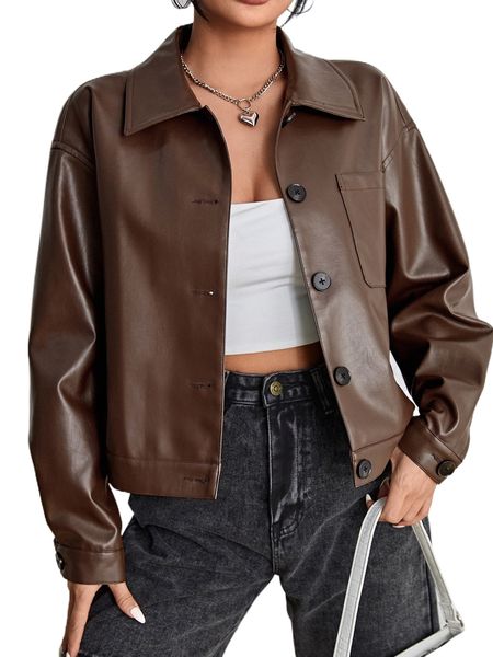 

patched pocket drop shoulder pu leather jacket j5ar#, Black;brown