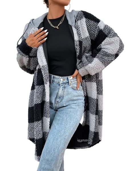 

buffalo plaid pattern drop shoulder drawstring hooded flannel coat o0ac#, Black