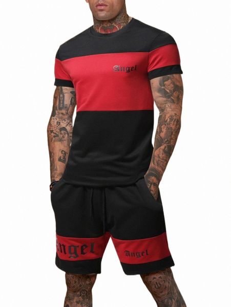 

men letter graphic two tone tee & drawstring waist shorts t9fj#, Gray