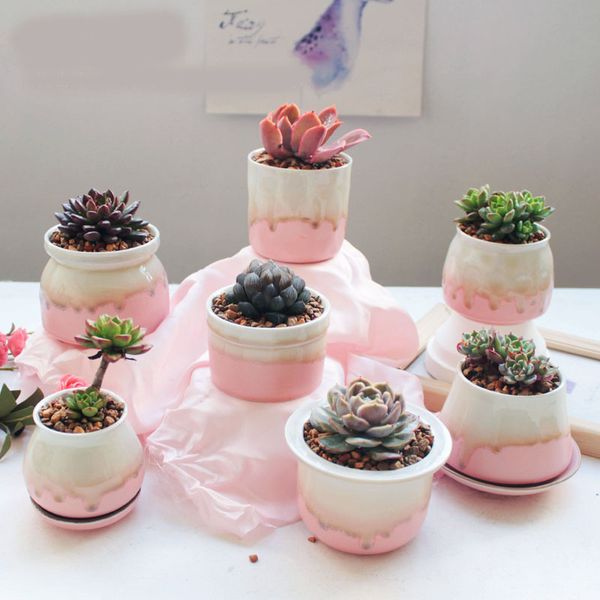 Blumentopf, rosafarbene Fließglasur, kleine frische Sukkulente, Keramik, kleiner Topf, Sukkulenten-Blumentopf, Heimdekoration, 0704