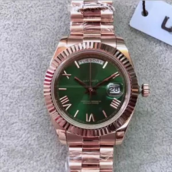 

male wristwatch automatic mechanical 40mm olive green dial rose gold stainless steel bracelet folding buckle montre de luxe, Slivery;brown