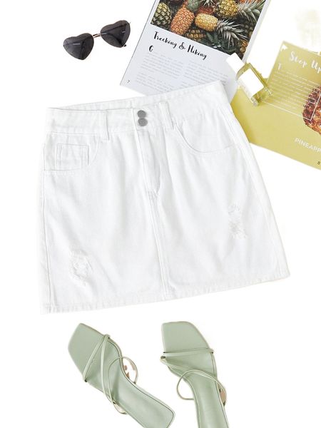 

ripped slant pockets denim skirt 65ds#, Black