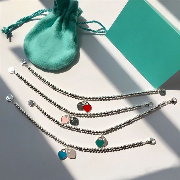 

new silver tif luxury 2 hearts beaded tag strands bracelet women fine jewelry trendy beads chain round ball bracelets for girlfriend love bl, Golden;silver