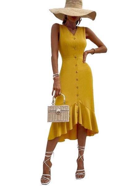 

single breasted cut out ruffle hem dress 90de#, Black;gray