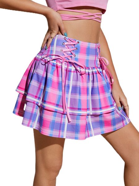 

x squid house plaid grommet lace up front layered hem skirt i2da#, Black