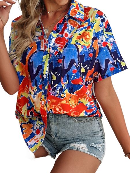 

graffiti print patched pocket drop shoulder blouse n4jt#, White