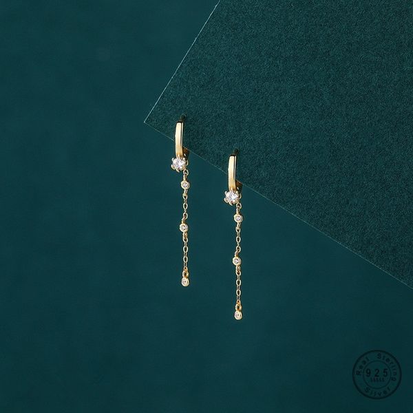 

korean fashion simple 925 sterling silver tassel zircon chain earrings for women romantic wedding jewelry, Golden