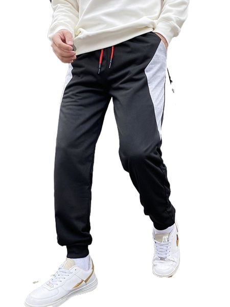 

men colorblock drawstring waist sweatpants m1ux#, Black
