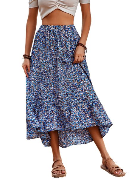 

ditsy floral ruffle hem skirt w42q#, Black