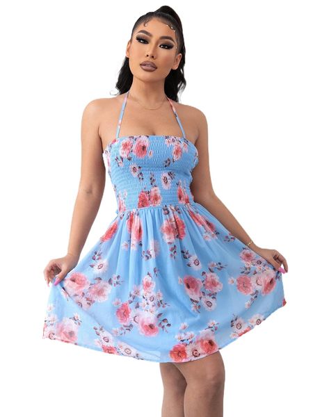

joyfunear floral print halter neck shirred backless dress a8hn#, Black;gray