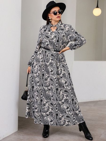 

plus paisley print bishop sleeve belted dress k3ou#, Black
