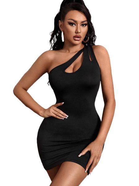 

solid asymmetric neck cut out backless bodycon dress o0it#, Black;gray