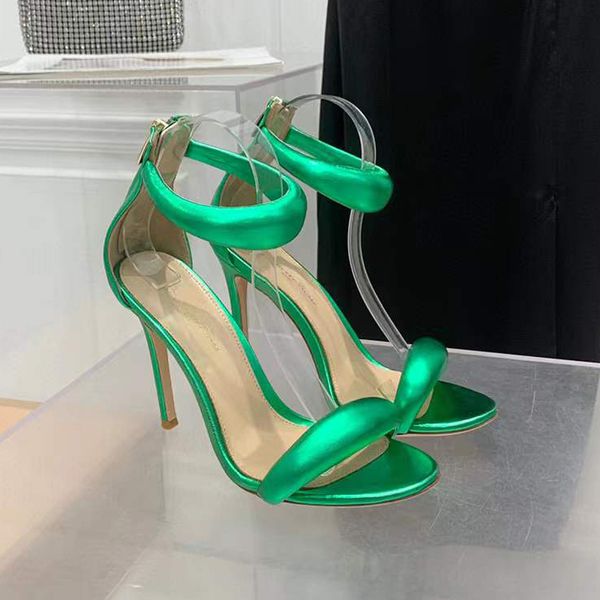 nuovo Gianvito Rossi Sandali con tacco a spillo da 10,5 cm Scarpe eleganti tacco per donna estate designer di lusso Sandali verde Piede in pelle metallizzata con tacco Calzature con cerniera posteriore