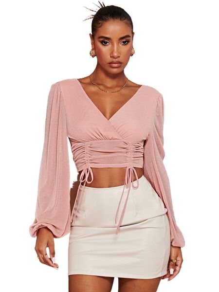 

lantern sleeve drawstring ruched crop tee 72oq#, White