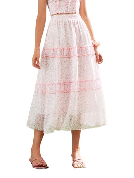 

ditsy floral print ruched frill trim skirt z60z#, Black