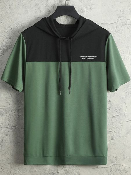 

men color block slogan graphic drawstring hooded tee c4ek#, White;black