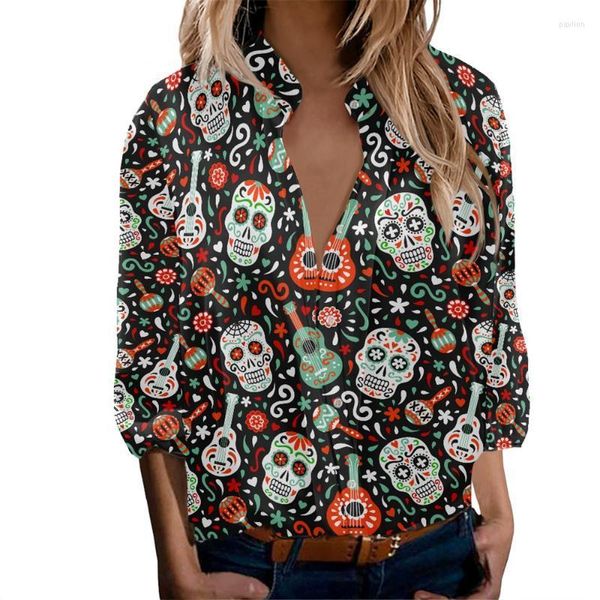 Blusas femininas camisas soltas moda casual tops doces caveira colorida guitarra dia de los muertos estampa feminina gola virada para baixo manga comprida