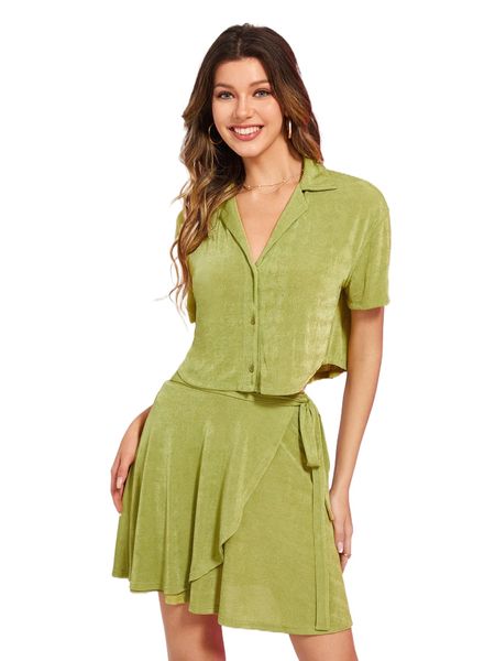 

x amiko solid shirt & knot side wrap skirt h4e9#, White