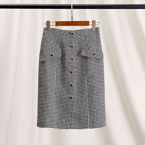 

skirts thousand bird plaid woolen skirt women's bag hip short high waist one step wool thickened winter autumn, Black