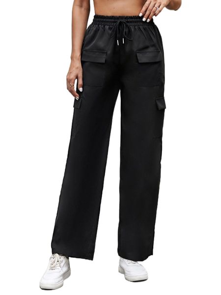 

drawstring waist flap pocket cargo pants j733#, Black;white