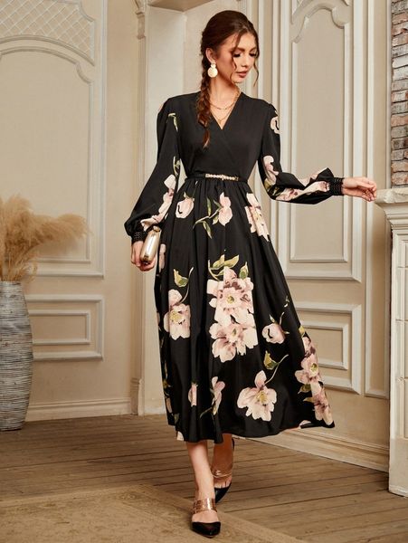 

floral print lantern sleeve dress without belt f5rz#, Black;gray