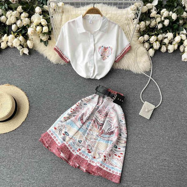 

two piece dress embroidered printed doll collar college style suit women's short sleeved shirt + minority pleated skirt two-piece set y, White