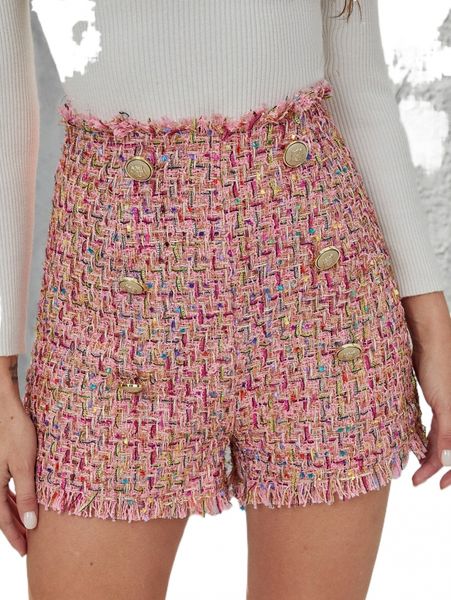 

raw cut button detail plaid tweed shorts x4h0#, White;black