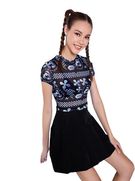 

x mountain vintage press plaid & letter graphic sheer mesh 66dy#, White