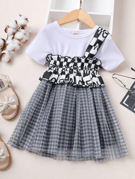 

toddler girls mesh hem dress & checkerboard shirred ruffle one shoulder she, White