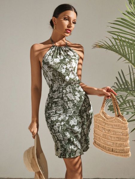 

floral print backless shirred dress 59cd#, Black;gray