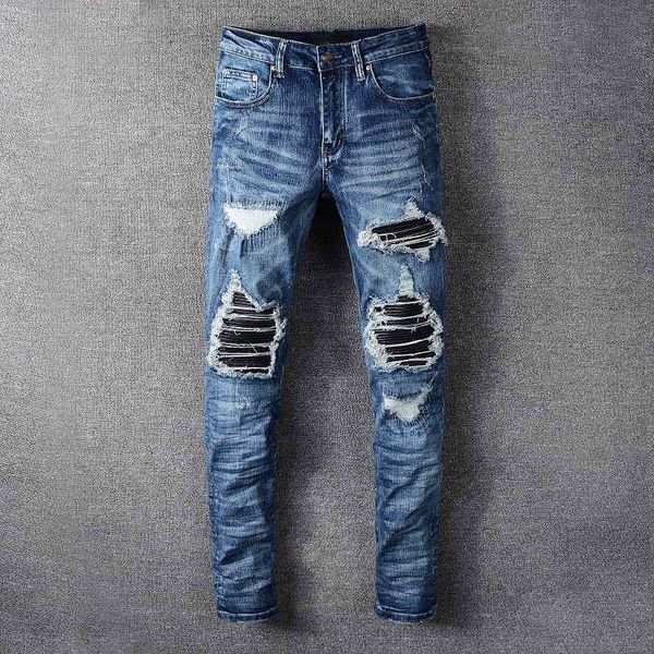 

men's jeans fashion high street hole patch cloth scraping tide brand korean jeans men's slim micro elastic pants 1b4r, Blue