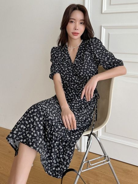 

dazy ditsy floral puff sleeve ruffle hem dress 060l#, Black;gray