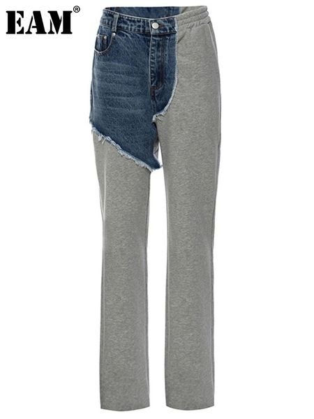 

[eam] high elastic waist gray denim irregular long wide leg trousers loose pants women fashion spring autumn 1de3239, Black;white