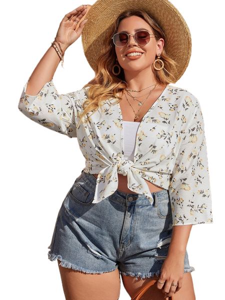 

plus allover floral print open front blouse 55px#, Black