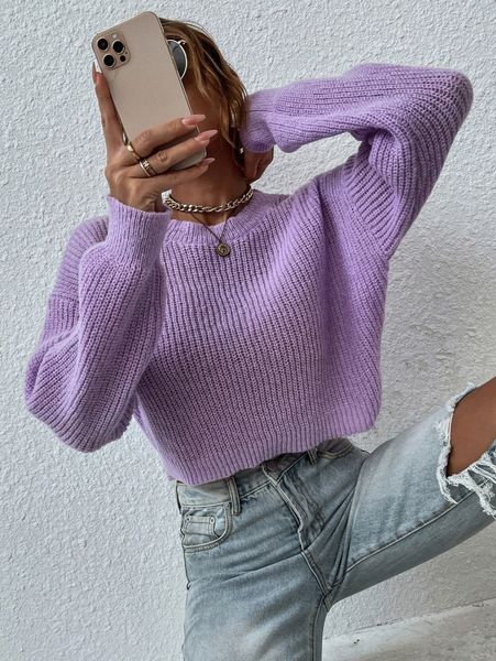 

solid drop shoulder sweater c8vu#, White;black