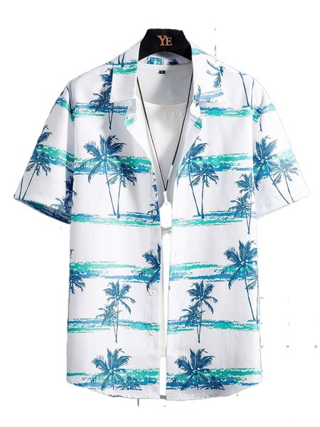 

men palm tree print button through shirt 80w9#, White;black