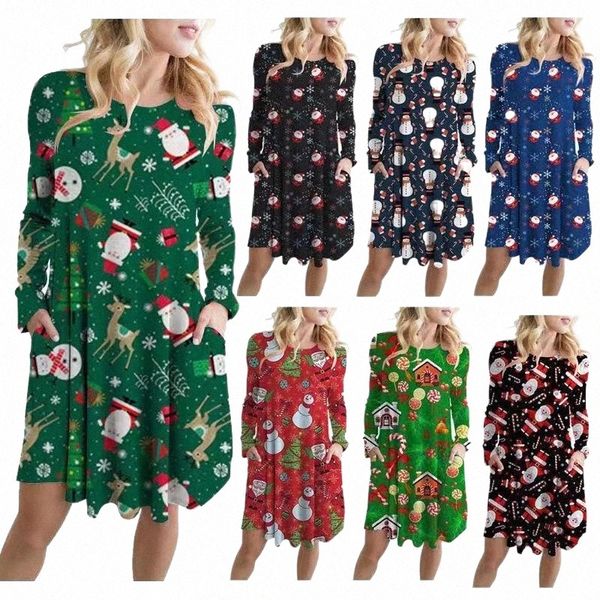 

casual dresses women christmas dress multi color printing long sleeve with pockets female autumn winter loose clothing o-neck plus size q5ly, Black;gray
