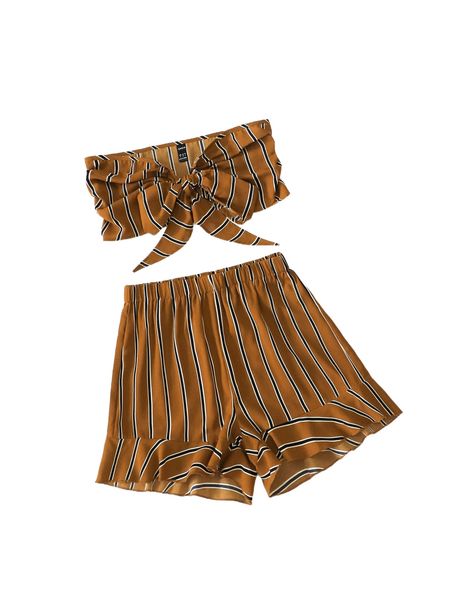 

striped knot front tube & ruffle hem shorts q7l5#, White