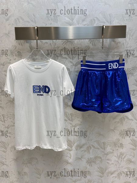 

2022 brand deisgner newly women 2 piece pants contrast embroidered short t sequin shorts short sleeve t-shirt with elasticated sequined beac, White