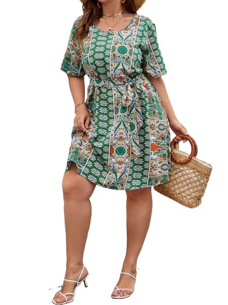 

plus allover print scoop neck belted dress k9ct#, Black