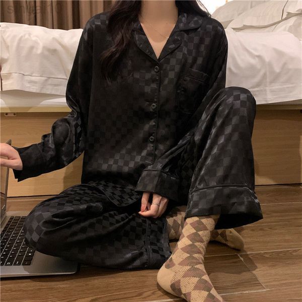 

pyjama sets women pyjama long sleeve vest set high-quality light luxury silk spring autumn fashion ice silk home clothing l220803, Black;red