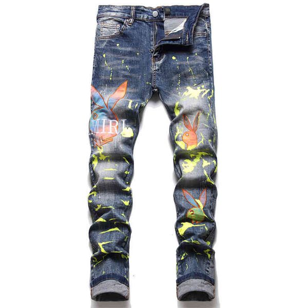 

men's jeans 2022 summer special embroidered colorful rabbit micro elastic medium waist blue casual young men's denim pants nl4q