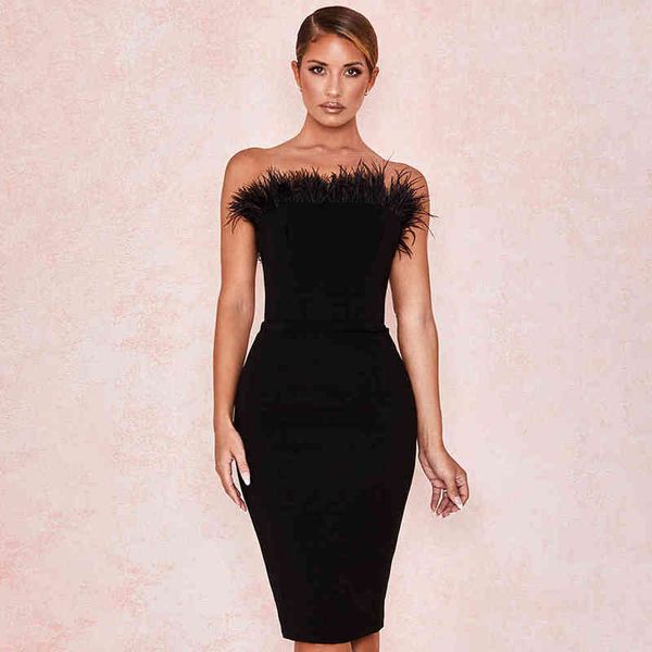 

beaukey white women bandage dresses bodycon slash neck feathers club black strapless celebrity vestido knee length 210414, Black;gray