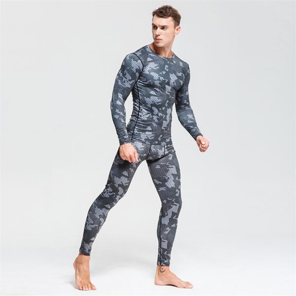 

winter suit for men 2 piece men thermal underwear camouflage tracksuit men mma clothing rashgard kit bodybuilding t-shirt xxxl lj201008, Black;white