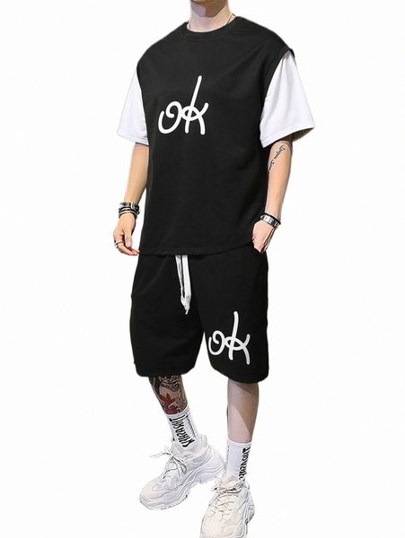 

men letter graphic colorblock & shorts set 66ib#, Gray