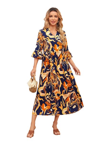 

emery rose allover print flounce sleeve smock dress m5hd#, Black;gray