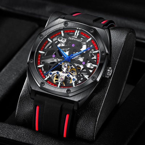 Relógios de pulso Mark Fairwhale Men Skeleton Watch Automatic Mechanical Watch Square Perra impermeável Arte da moda luminosa