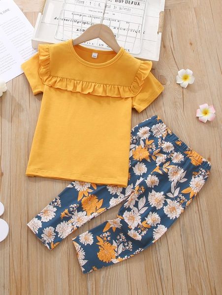 

toddler girls frill trim tee & floral print pants she, White
