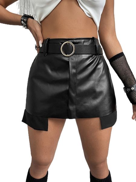 

high waist belted pu leather skort w3v0#, White;black